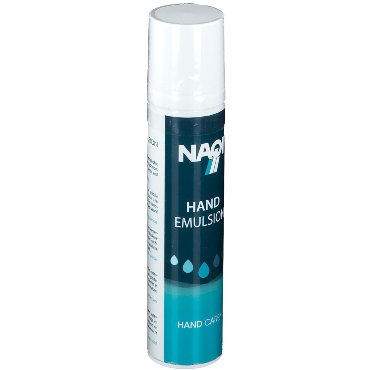 Flacon blanc avec étiquette bleue. Inscription: NAQI, HAND EMULSION, HAND CARE+.