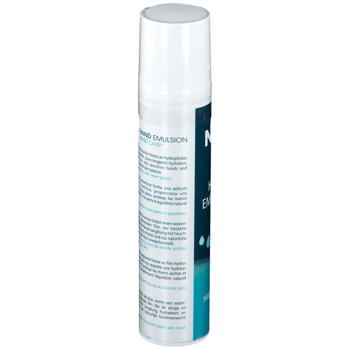 Flacon blanc avec inscription bleue. Texte multilingue. Description et ingrédients du produit.