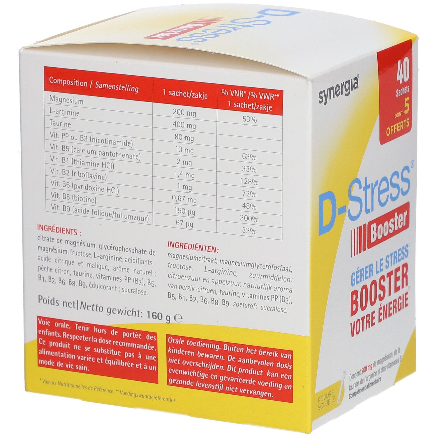 Dos de la boîte D-Stress® Booster. Ingrédients et informations nutritionnelles. Contient 40 sachets, 5 offerts. Marque: Synergia.
