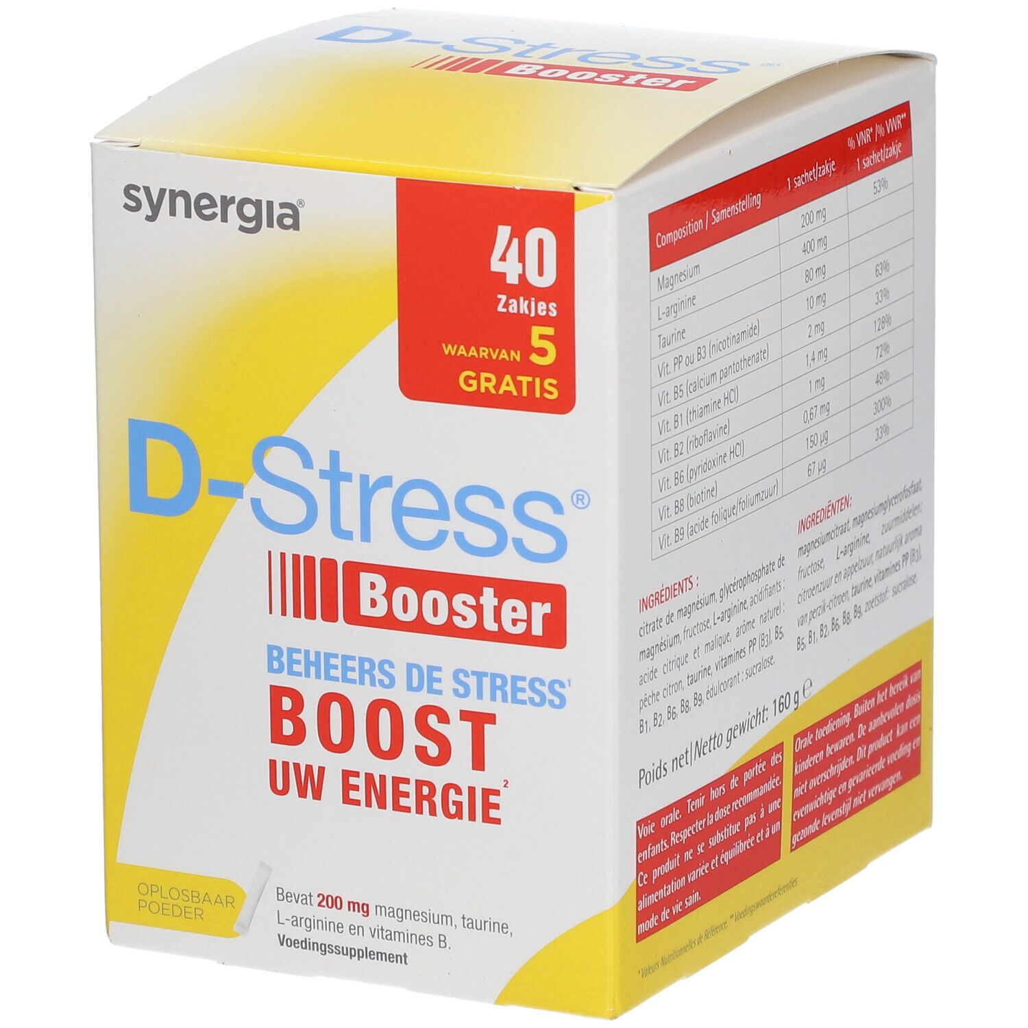 Boîte de D-Stress® Booster. Contient 40 sachets, 5 gratuits. Inscription: Beheers de stress, Boost uw energie. Marque: Synergia.