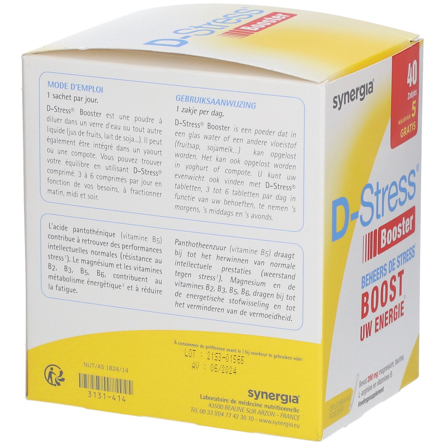 Dos de la boîte D-Stress® Booster. Mode d'emploi. Contient 40 sachets, 5 gratuits. Marque: Synergia.