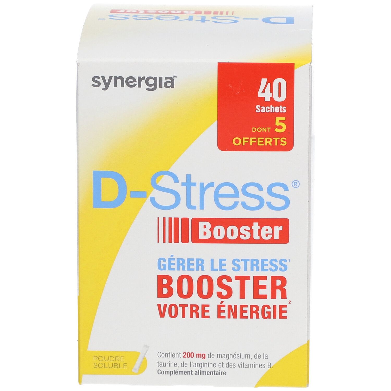 Boîte de D-Stress® Booster. Contient 40 sachets, 5 offerts. Inscription: Gérer le stress, Booster votre énergie. Marque: Synergia.