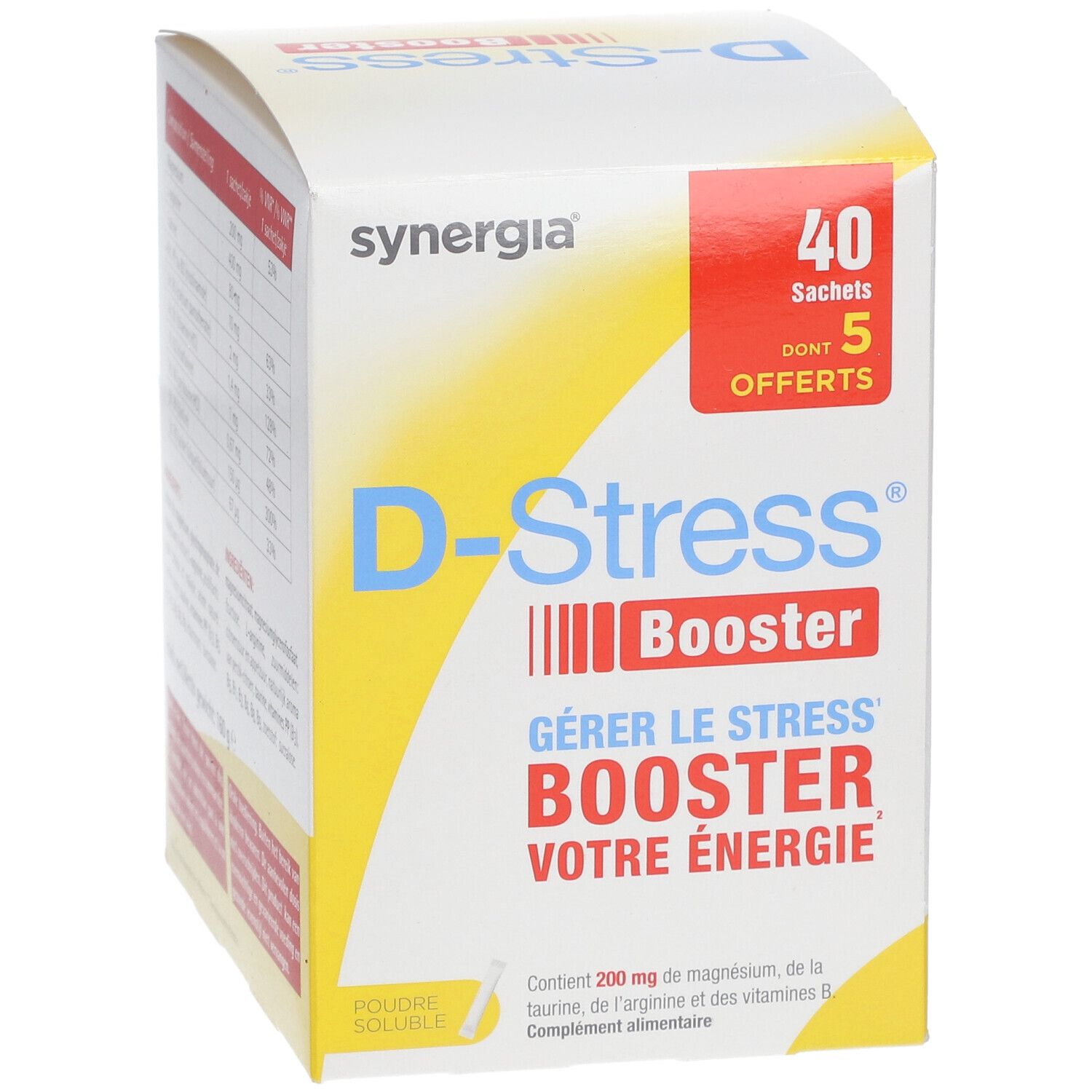 Boîte de D-Stress® Booster. Contient 40 sachets, 5 offerts. Inscription: Gérer le stress, Booster votre énergie. Marque: Synergia.