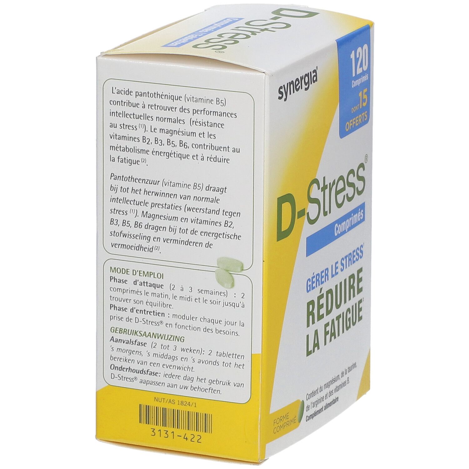 Achterkant van de D-Stress tabletten doos. Tekst over ingrediënten en gebruik. Merk Synergia. 120 tabletten, waarvan 15 gratis.