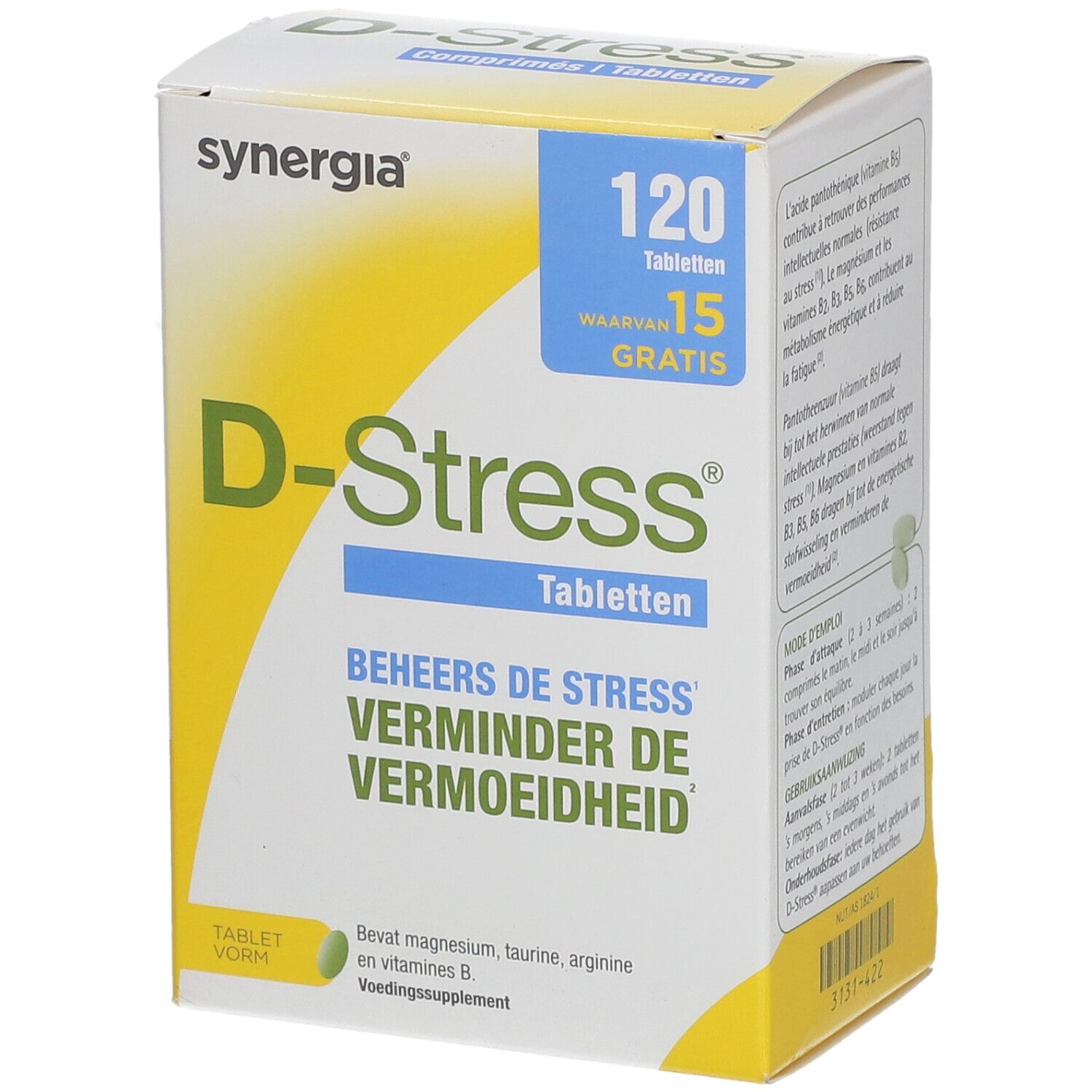 Doosje D-Stress tabletten. Opschrift: Beheers de stress, Verminder de vermoeidheid. Bevat magnesium, taurine, arginine en vitamine B.