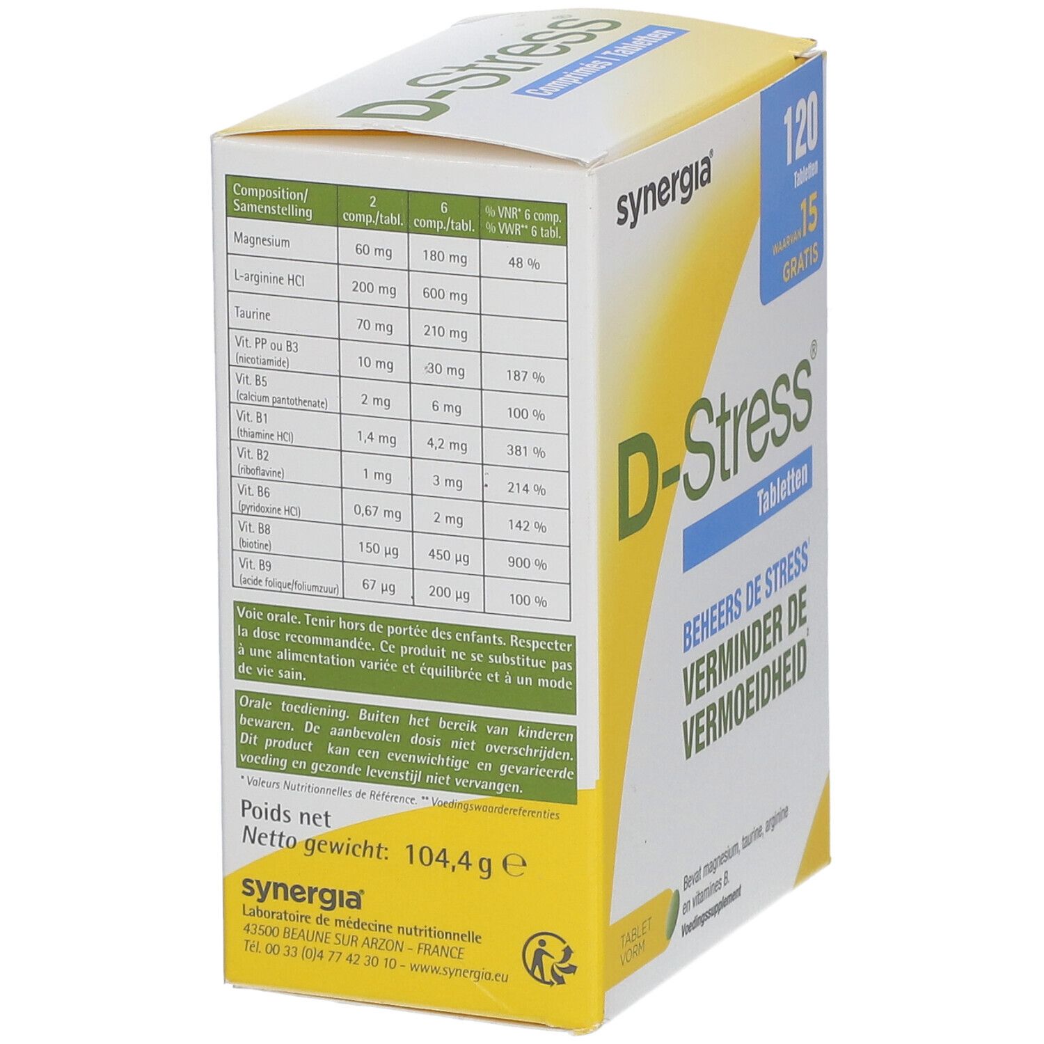 D-Stress tabletten doos, detail. Ingrediëntentabel met magnesium, arginine, taurine en vitaminen. Merk Synergia.