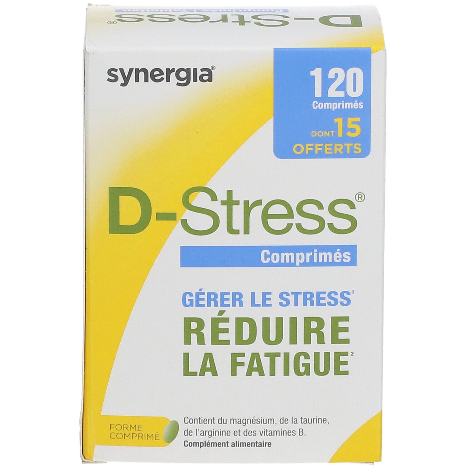 Doosje D-Stress tabletten. Opschrift: Gérer le stress, Réduire la fatigue. Bevat magnesium, taurine, arginine en vitamine B. 120 tabletten.