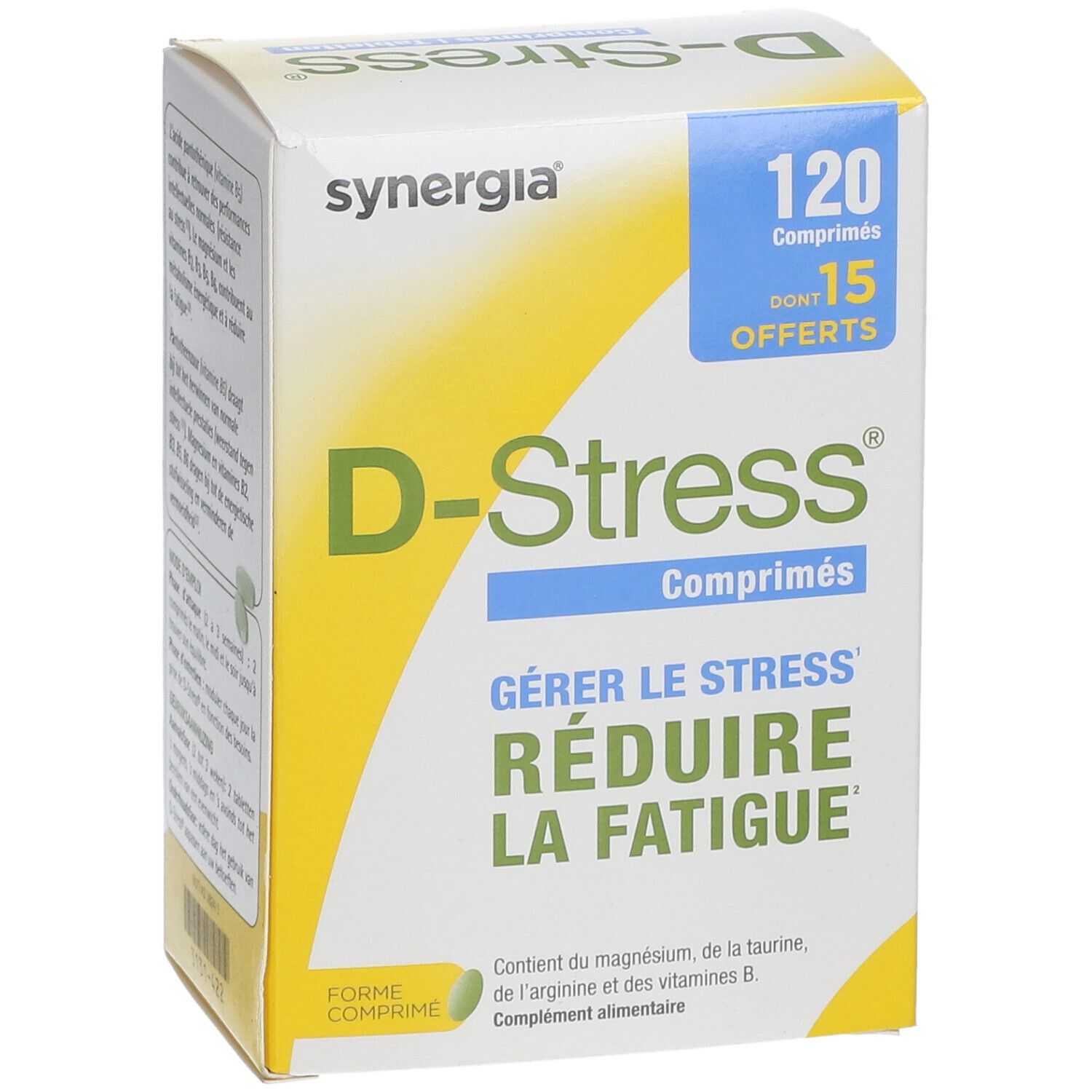 Doosje D-Stress tabletten. Opschrift: Gérer le stress, Réduire la fatigue. Bevat magnesium, taurine, arginine en vitamine B. 120 tabletten.
