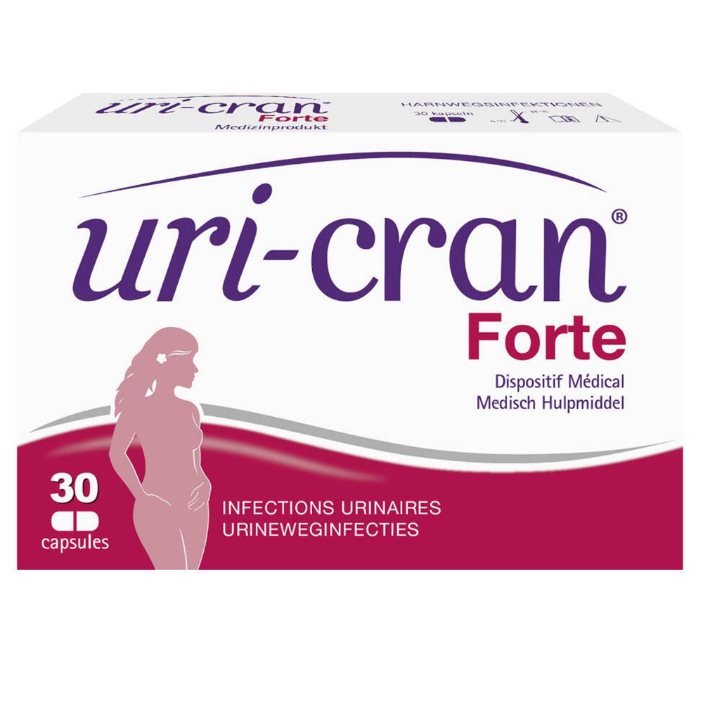 Witte doos met paarse tekst 'uri-cran Forte'. 30 capsules, afbeelding van een vrouw. Medisch hulpmiddel.