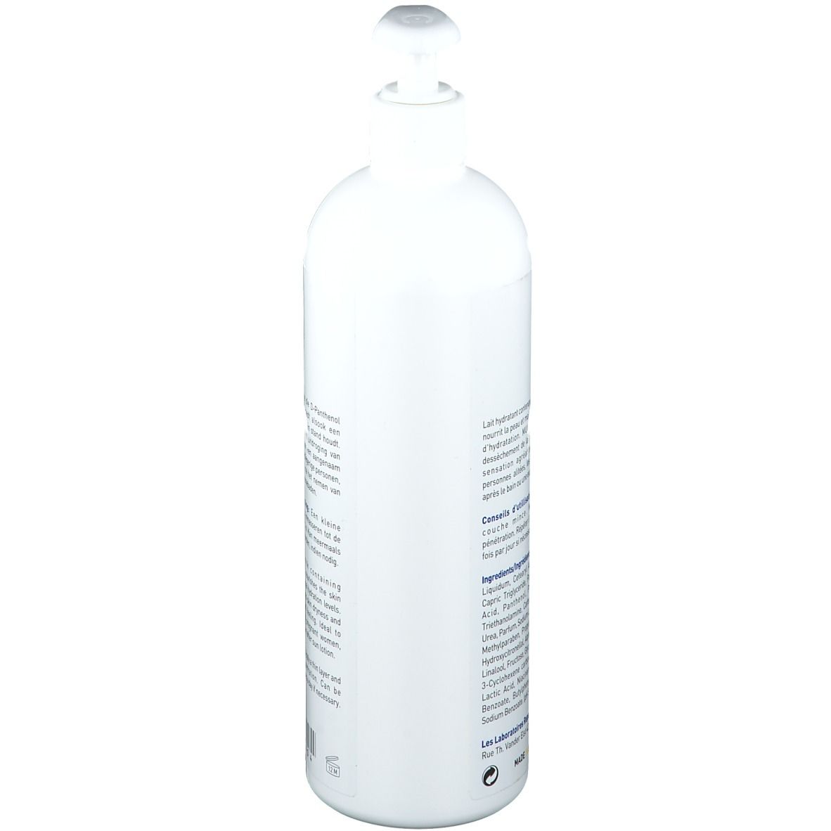 Flacon blanc avec pompe. Inscription: Ingrédients. Contient des informations sur les ingrédients du produit.