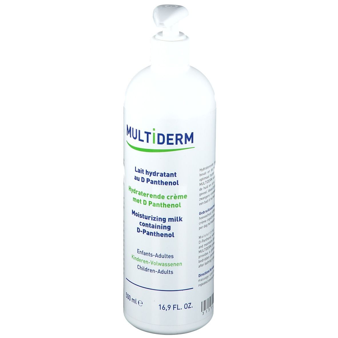 Flacon blanc avec pompe. Inscription: MULTIDERM, Lait hydratant au D Panthenol, Hydraterende crème met D Panthenol, Moisturizing milk containing D-Panthenol.