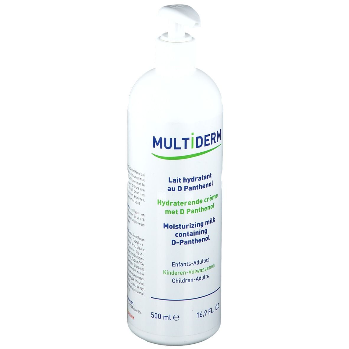 Flacon blanc avec pompe. Inscription: MULTIDERM, Lait hydratant au D Panthenol, Hydraterende crème met D Panthenol, Moisturizing milk containing D-Panthenol.