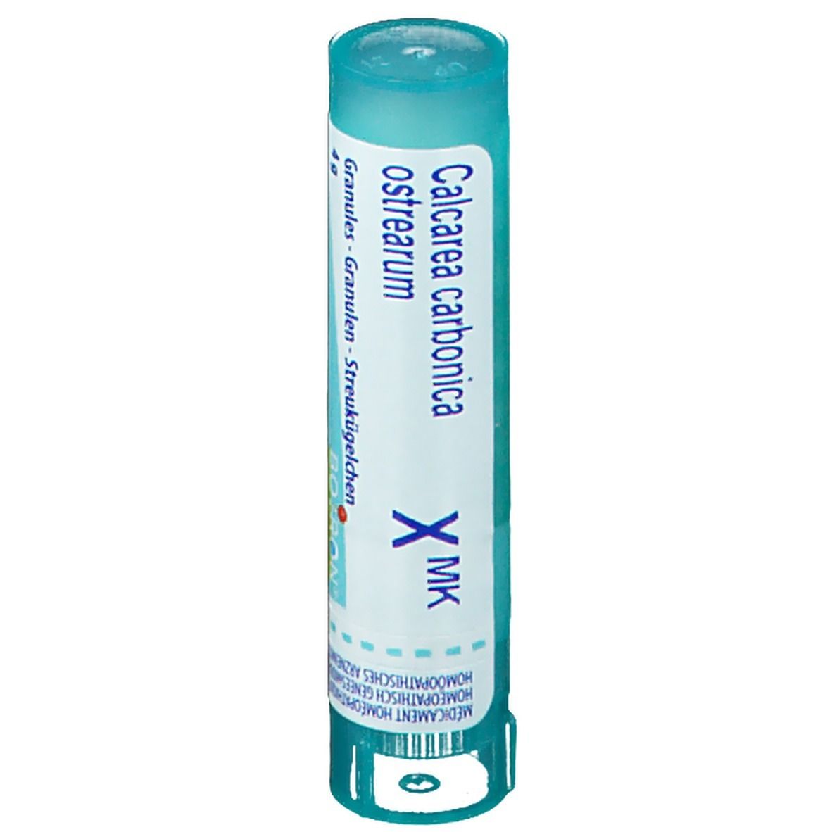 Tube cylindrique bleu clair. Inscription: Calcarea carbonica ostrearum X MK.