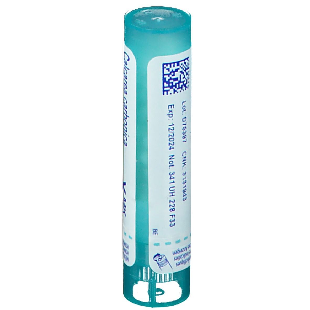 Tube cylindrique bleu clair. Inscription: Calcarea carbonica X MK. Avec code QR et date d'expiration.