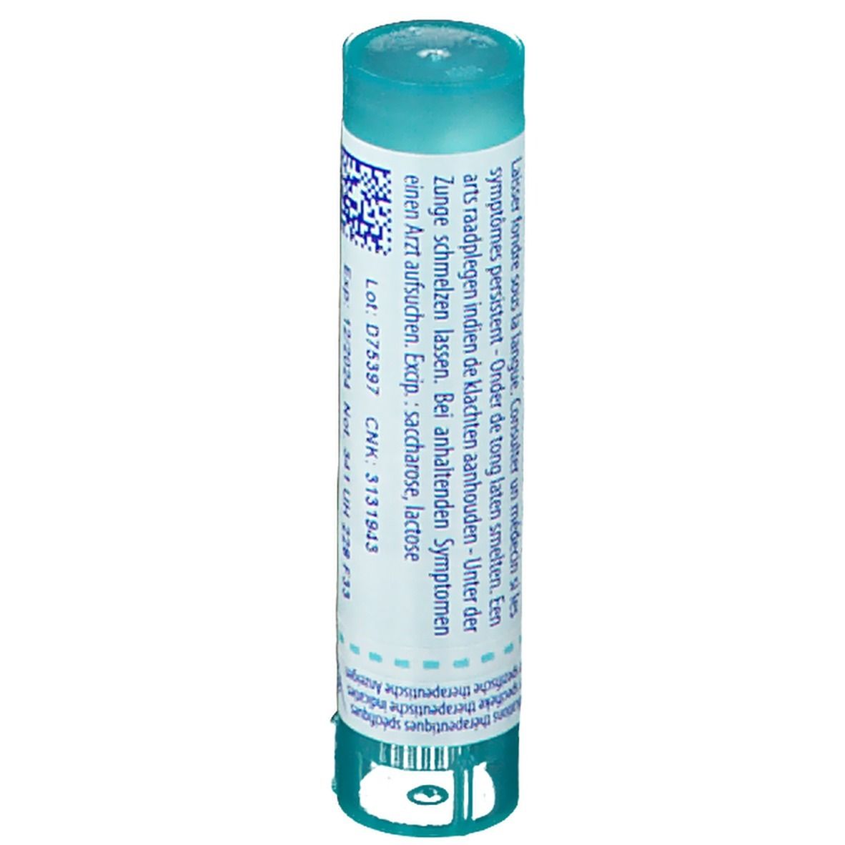 Tube cylindrique bleu clair. Inscription: Calcarea carbonica X MK. Texte sur les symptômes et l'utilisation.