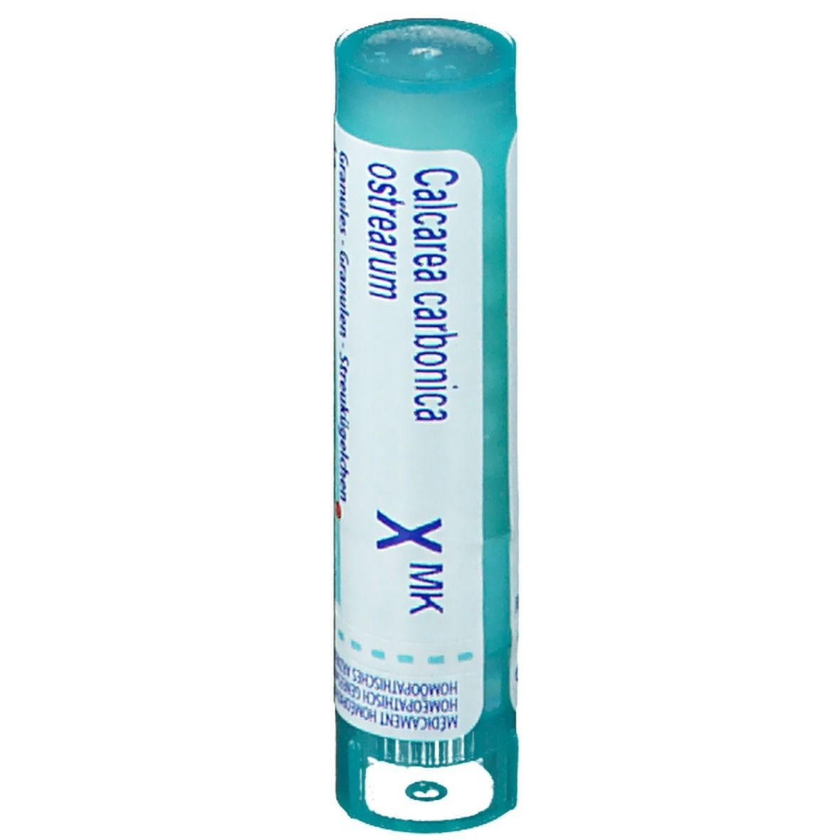 Tube cylindrique bleu clair. Inscription: Calcarea carbonica ostrearum X MK.