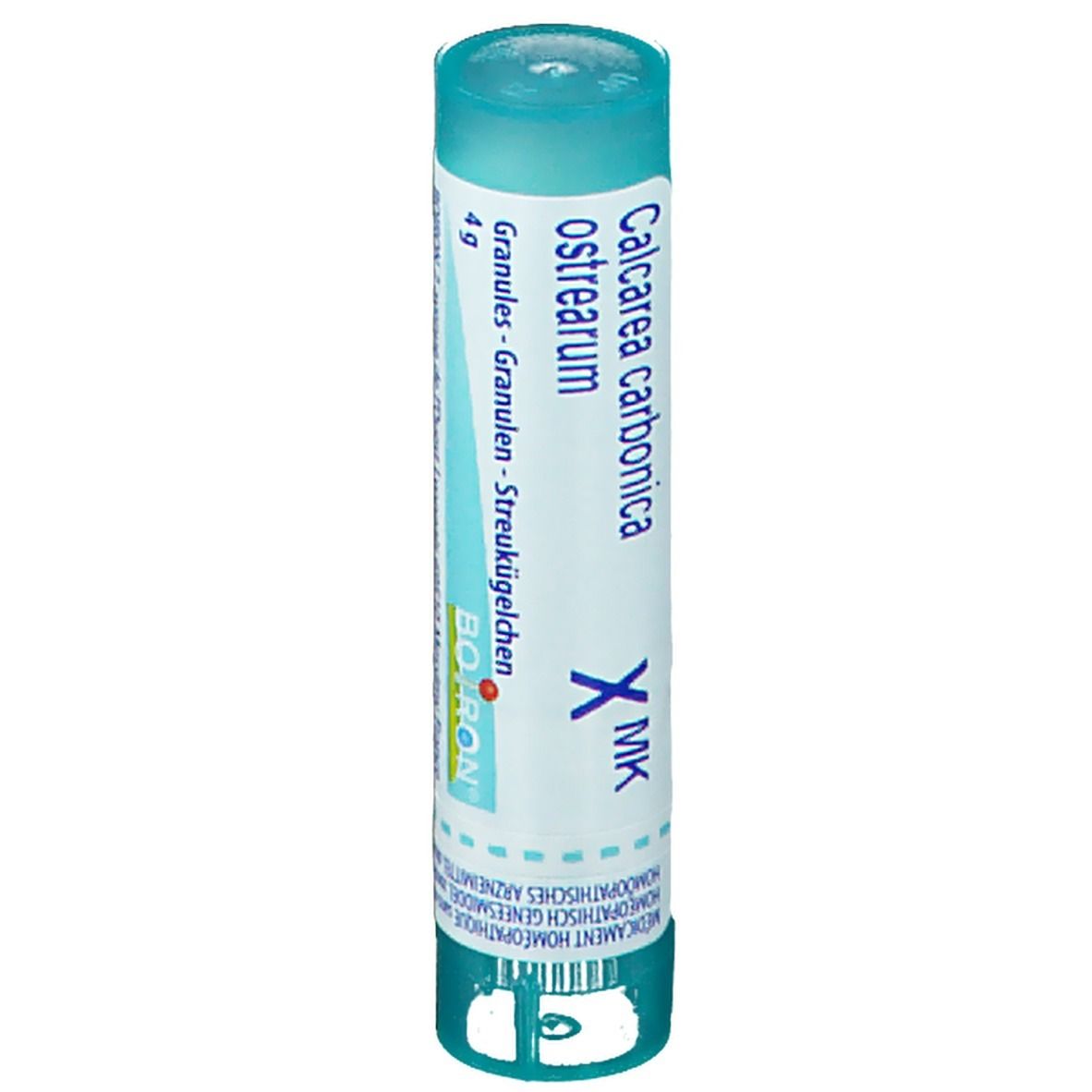 Tube cylindrique bleu clair. Inscription: Calcarea carbonica ostrearum X MK. Avec indication 4g.