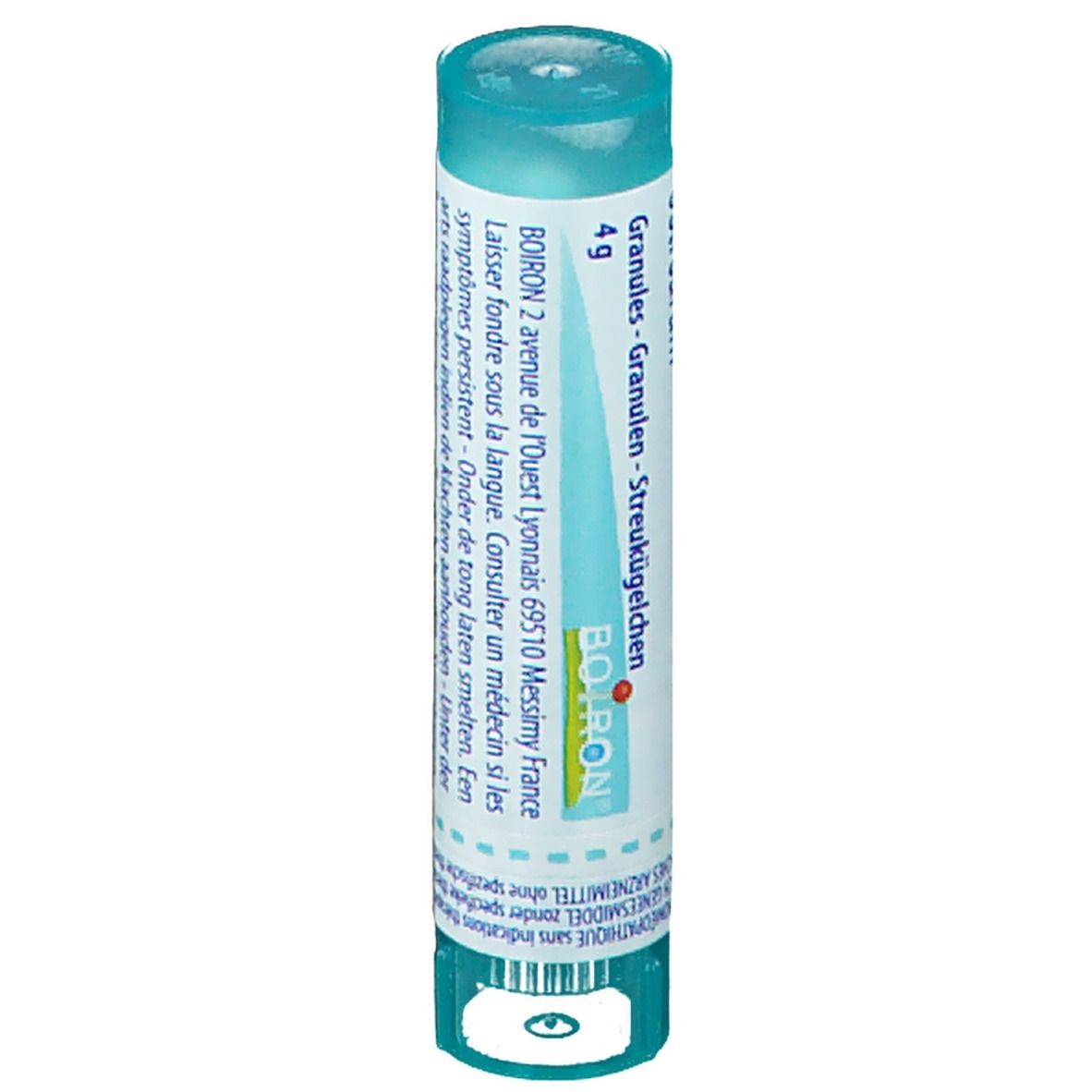 Tube cylindrique bleu clair. Inscription: Calcarea carbonica X MK. Avec indication 4g et logo BOIRON.