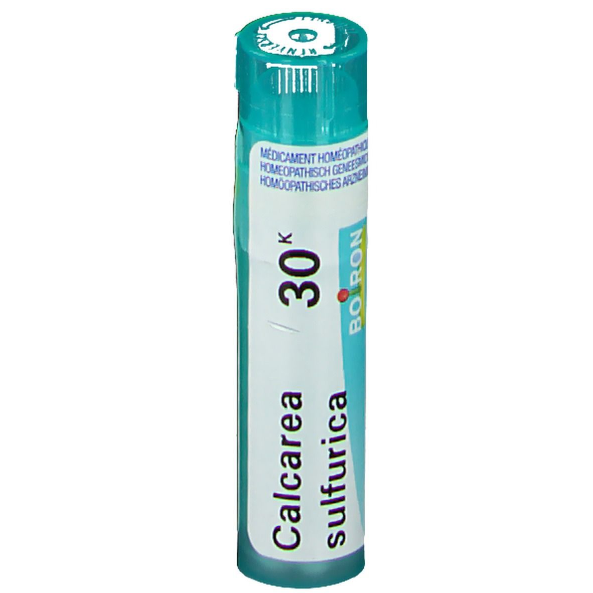 Cilindrische verpakking met blauwe dop. Opschrift: Calcarea sulfurica 30K, Boiron.