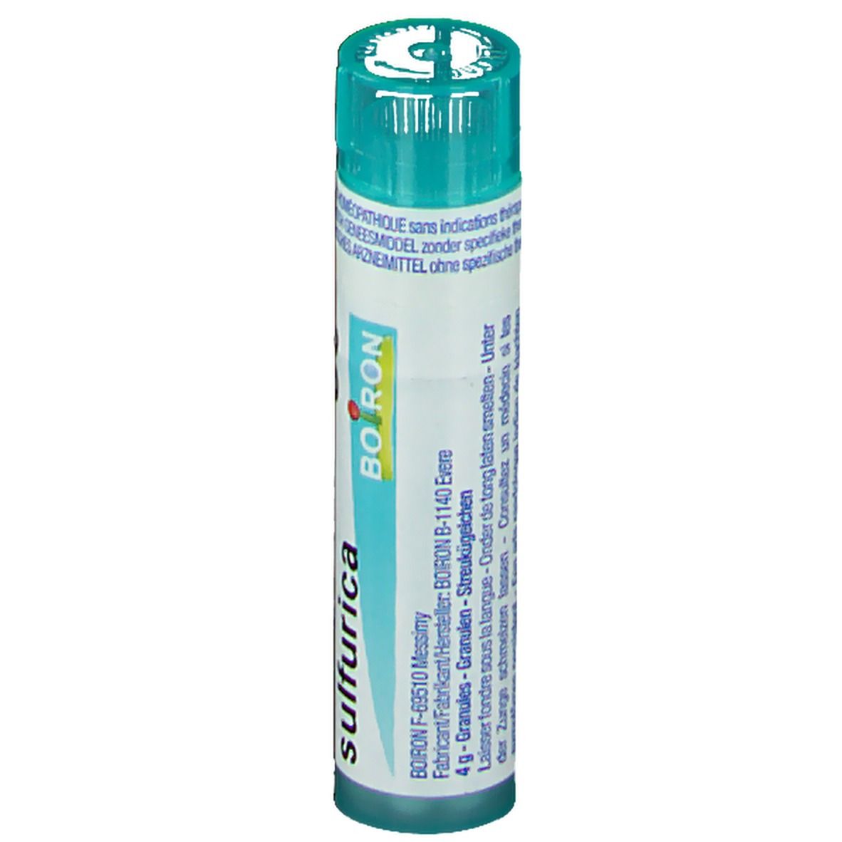Cilindrische verpakking met blauwe dop. Opschrift: Calcarea sulfurica, Boiron.