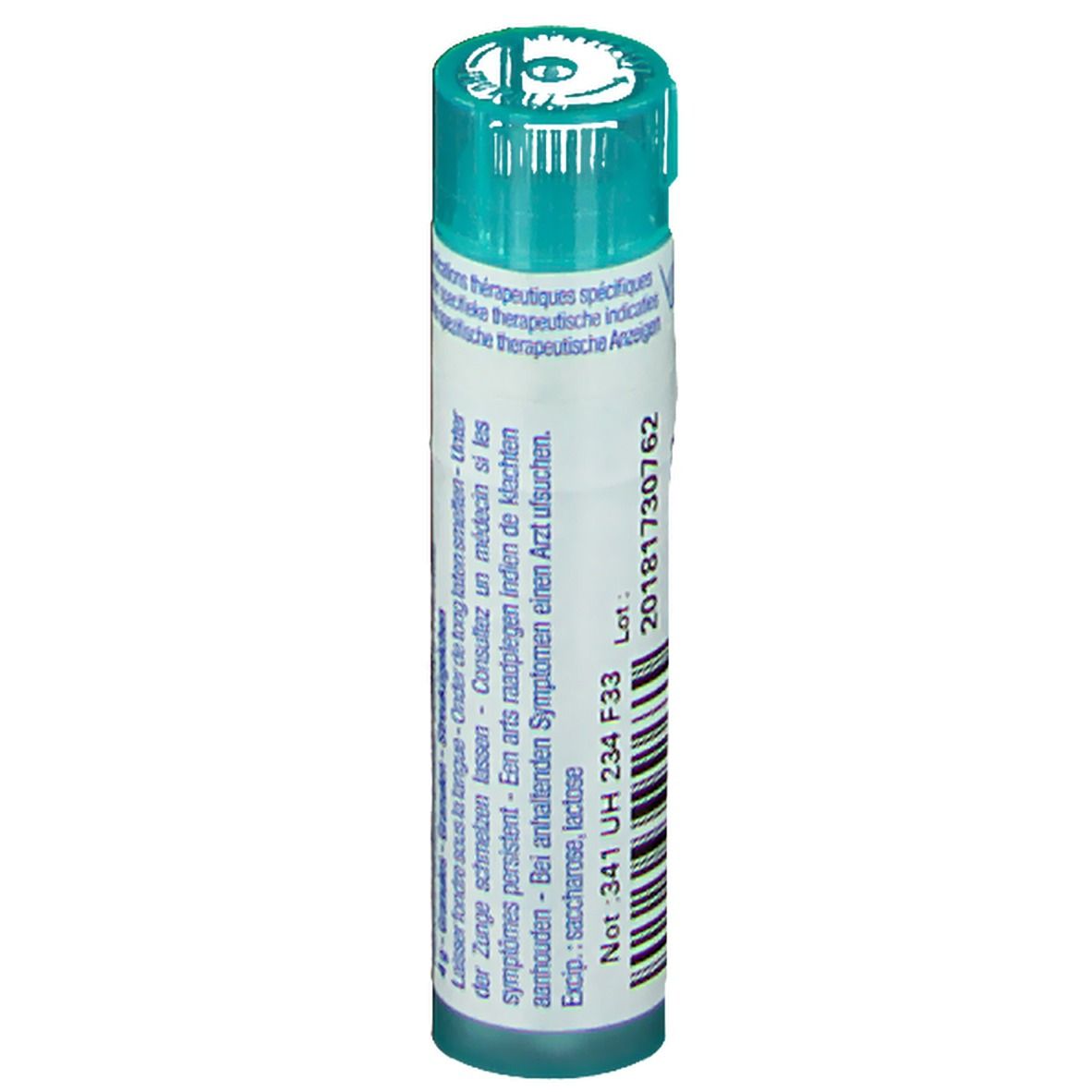 Cilindrische verpakking met blauwe dop. Opschrift: Lot, vervaldatum, ingrediënten.