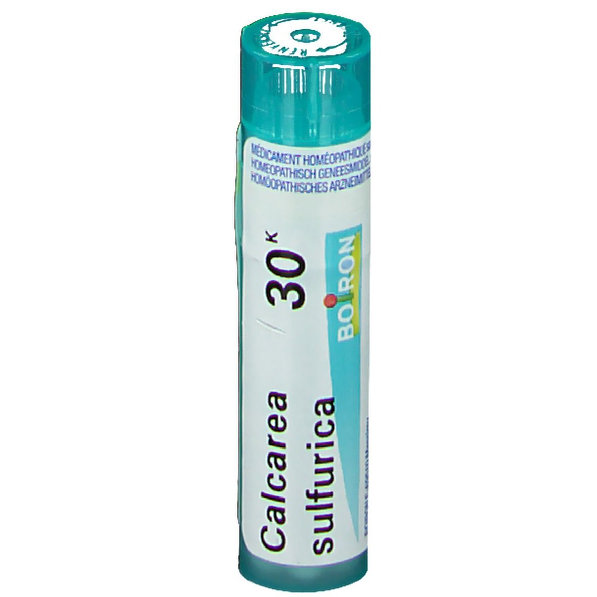 Cilindrische verpakking met blauwe dop. Opschrift: Calcarea sulfurica 30K, Boiron.