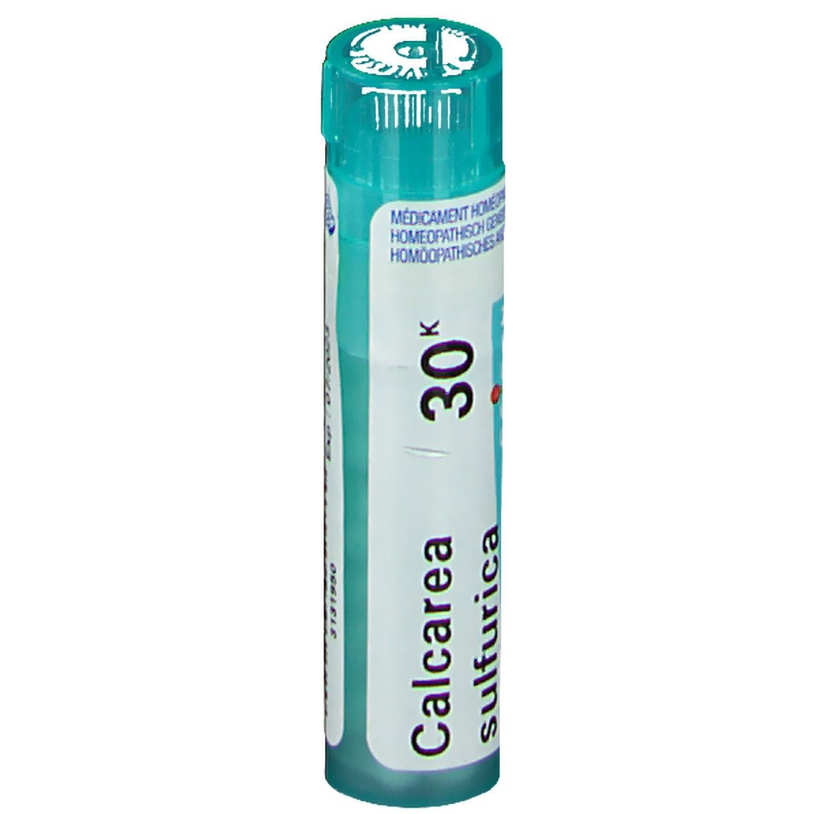 Cilindrische verpakking met blauwe dop. Opschrift: Calcarea sulfurica 30K, Boiron.