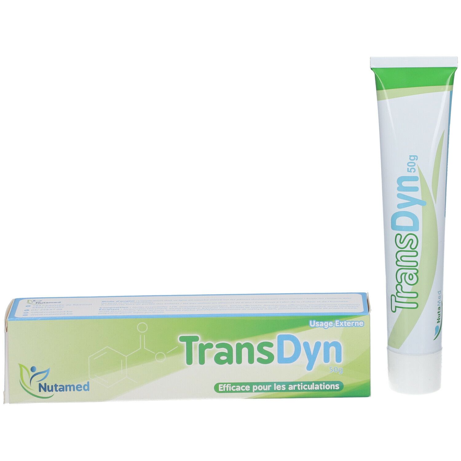 Productverpakking en tube. Opschrift: TransDyn. Verpakking met groen design.