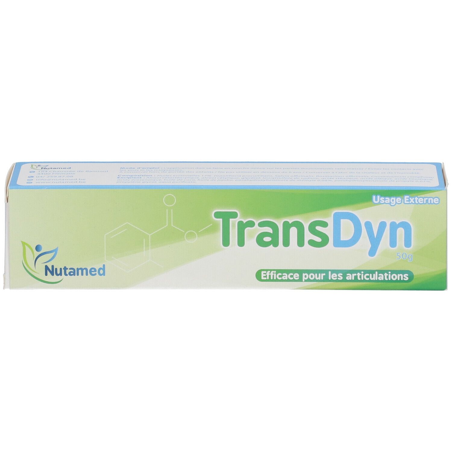 Productverpakking, wit met groen design. Opschrift: TransDyn. Merk: Nutamed.