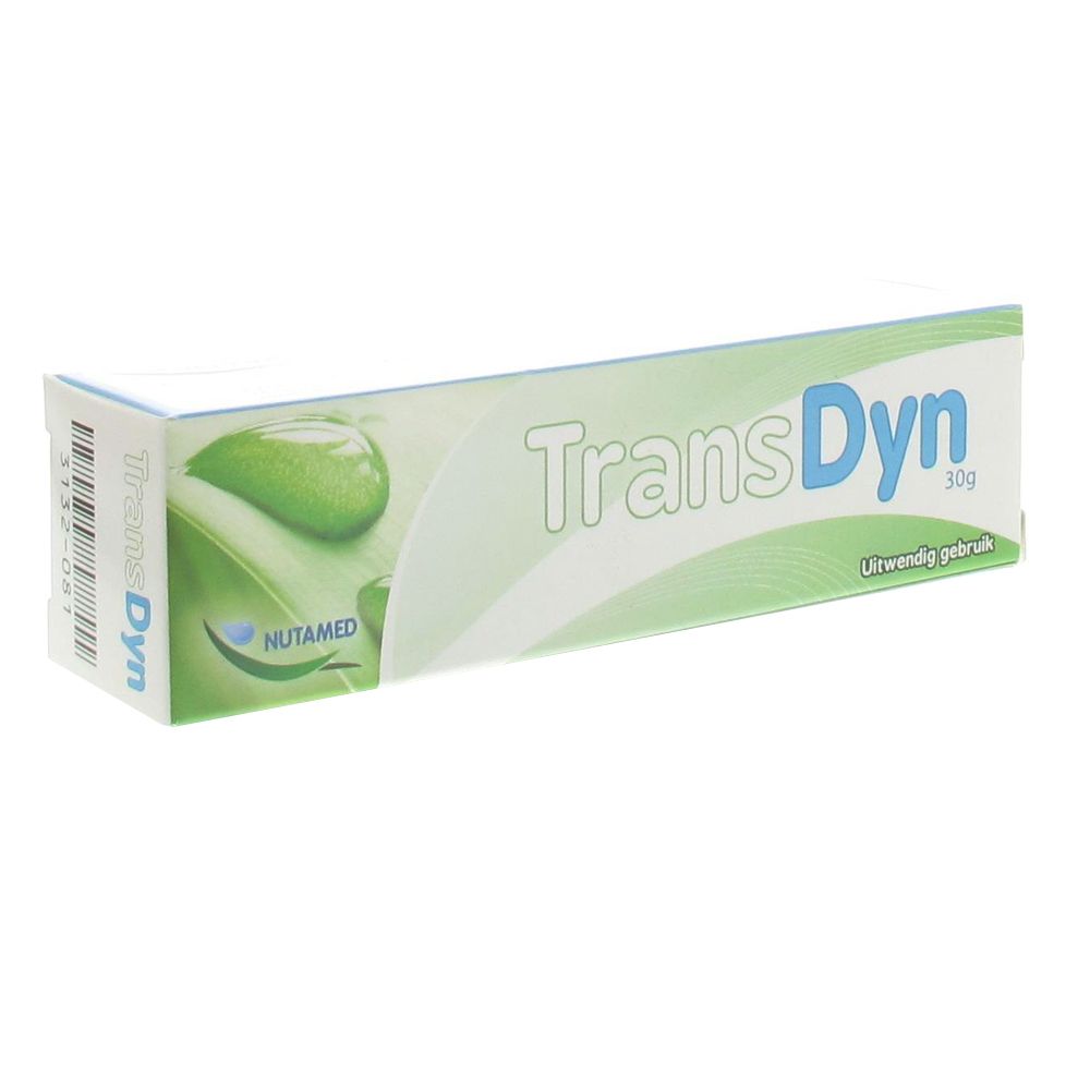 Boîte "TransDyn" 30g, design vert et blanc. Marque NUTAMED. Code-barres et "Uitwendig gebruik".