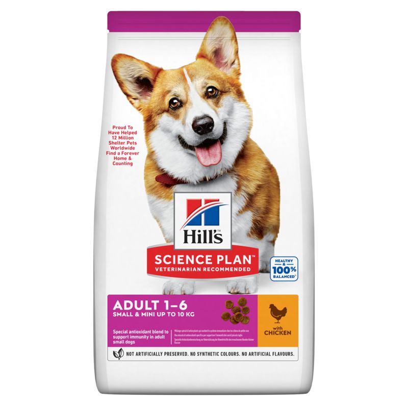 Hundefutter-Beutel mit Hund. Logo: Hill's Science Plan, Text: Adult 1-6, mit Huhn. 100% ausgewogen.