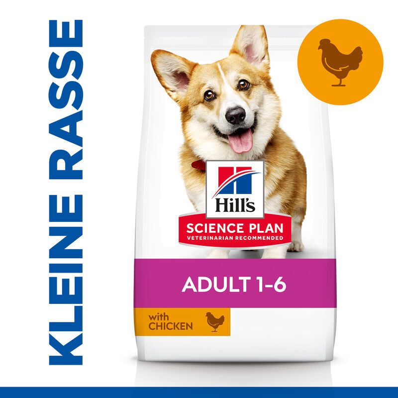 Hundefutter-Beutel mit Hund. Logo: Hill's Science Plan, Text: Adult 1-6, mit Huhn. Kleiner Rasse.