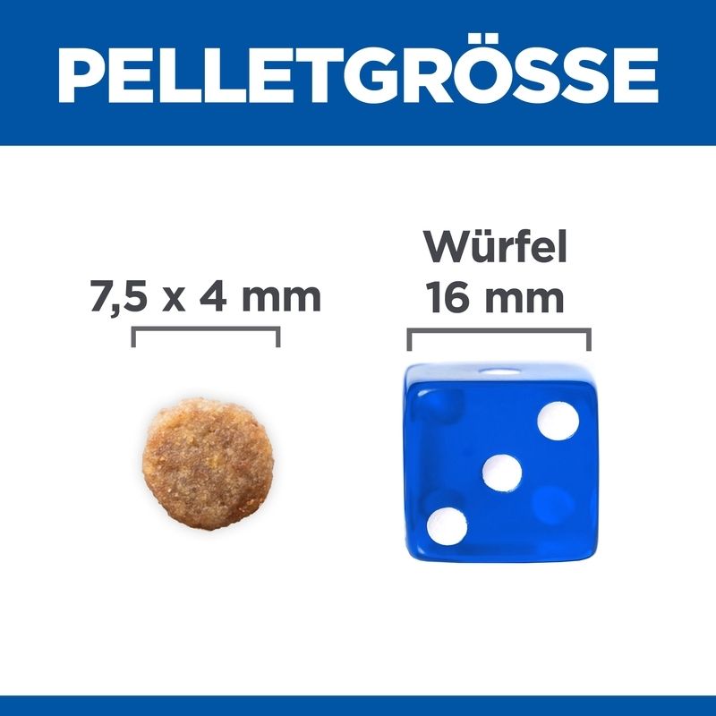 Pelletgröße. Vergleich: Futterpellet 7,5 x 4 mm, Würfel 16 mm.