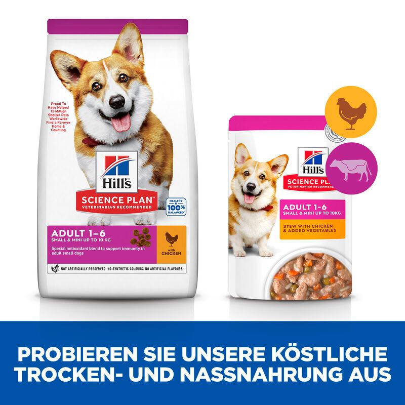 Hundefutter-Beutel und Dose mit Hund. Text: Adult 1-6, mit Huhn. Probieren Sie Trocken- und Nassnahrung aus.