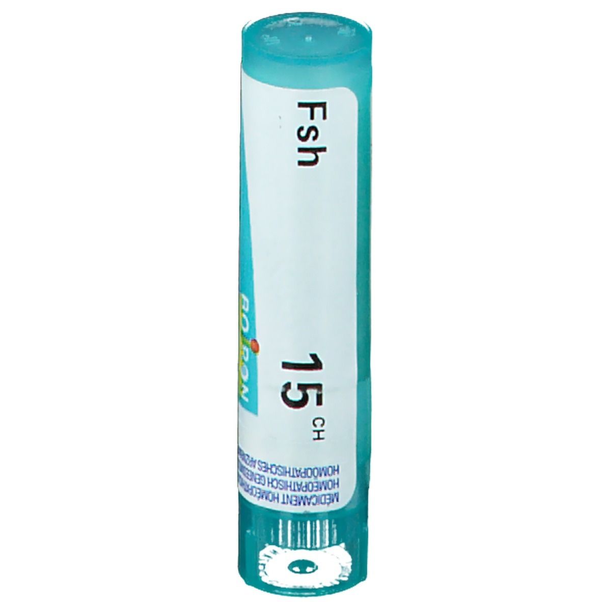 Tube cylindrique avec inscription "Fsh 15 CH". Bouchon et base turquoise, étiquette blanche.