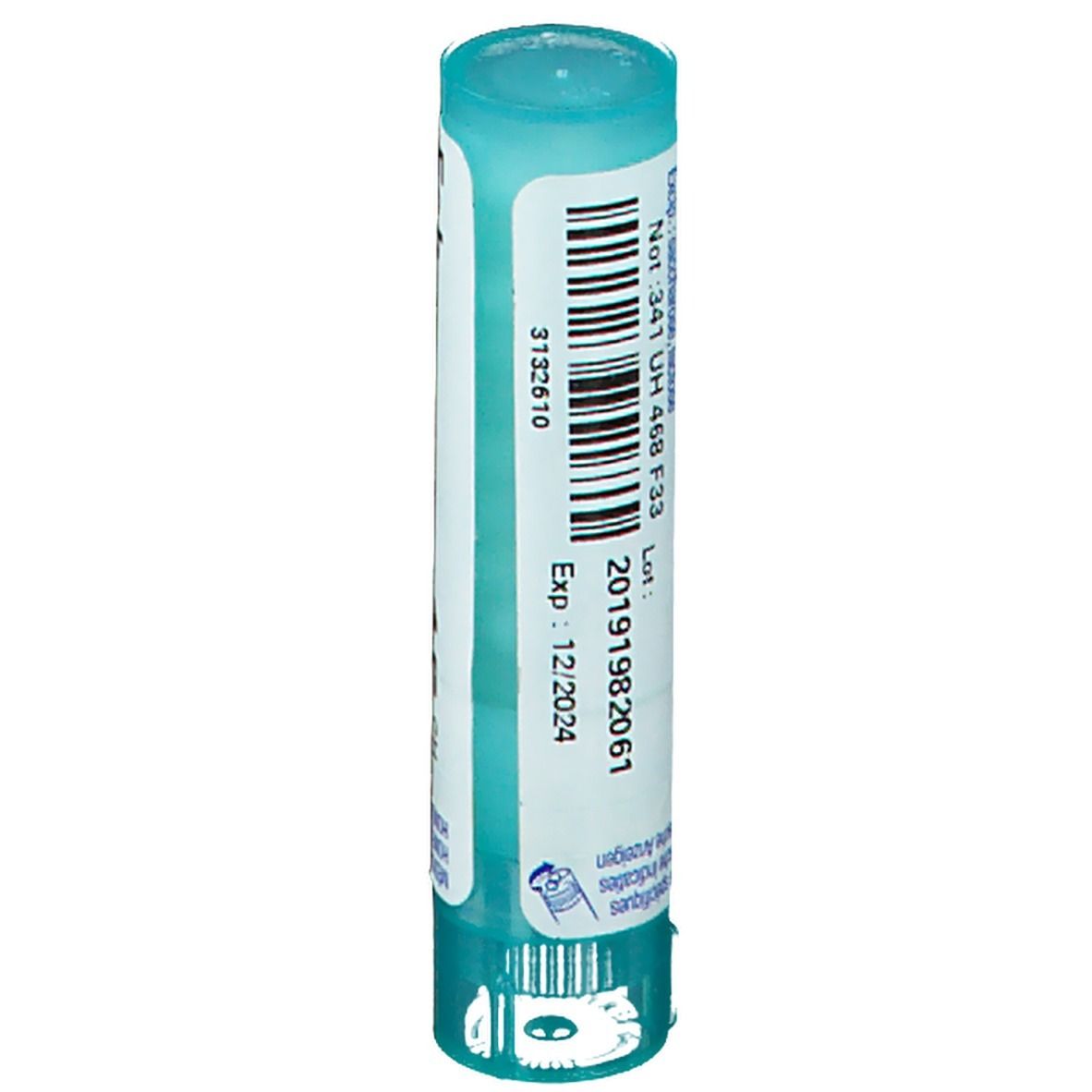 Tube cylindrique avec code-barres et informations. Bouchon et base turquoise, étiquette blanche.