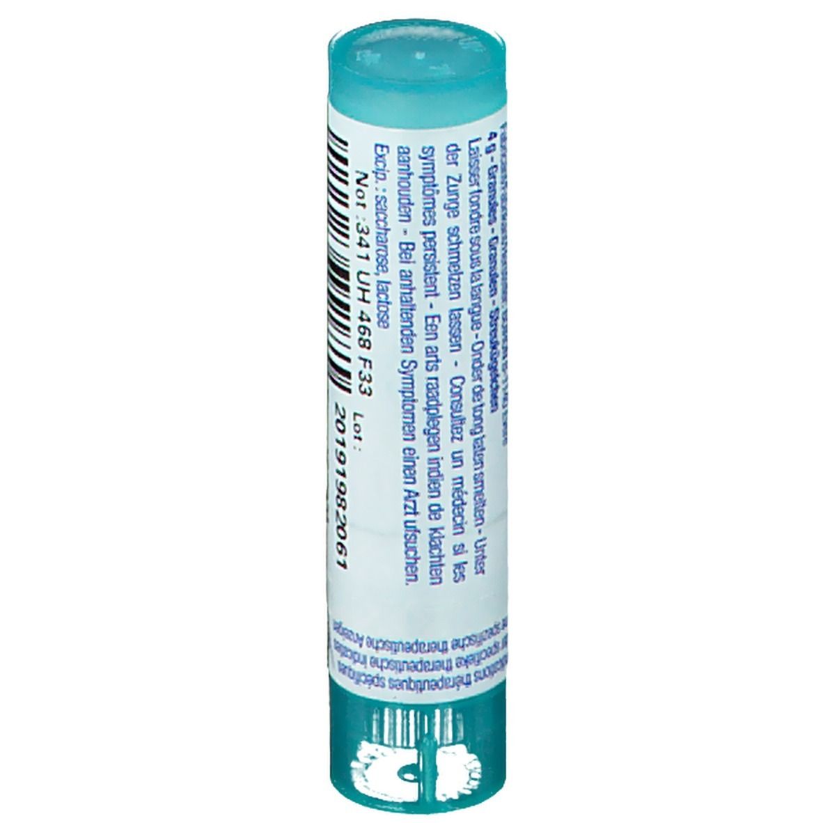 Tube cylindrique avec texte. Bouchon et base turquoise, étiquette blanche avec texte.