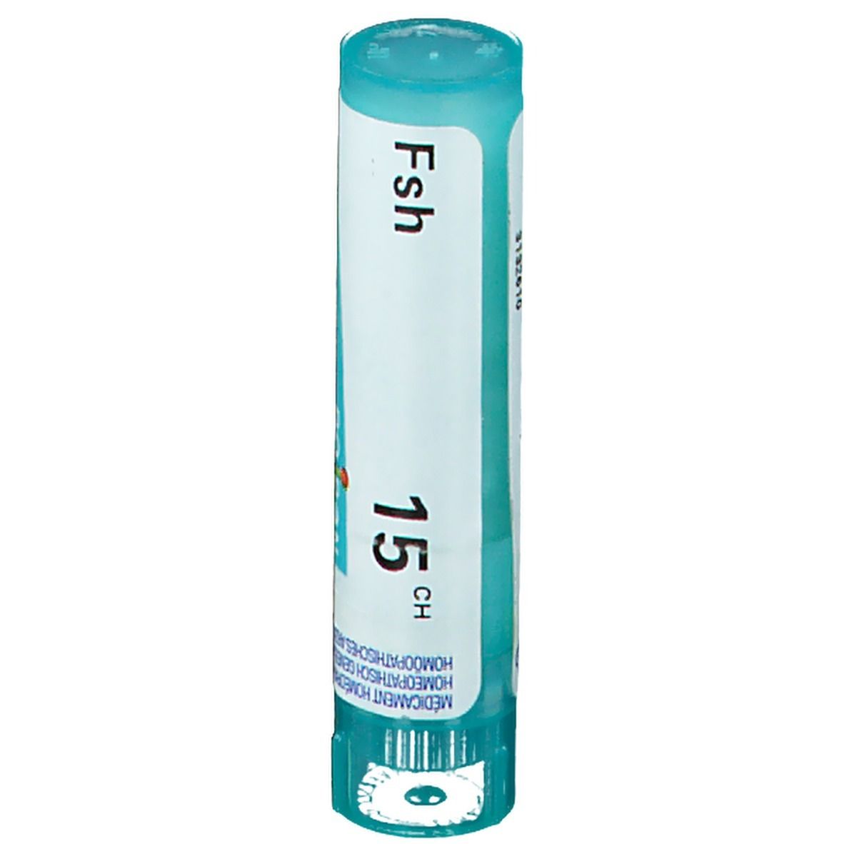 Tube cylindrique avec inscription "Fsh 15 CH". Bouchon et base turquoise, étiquette blanche.