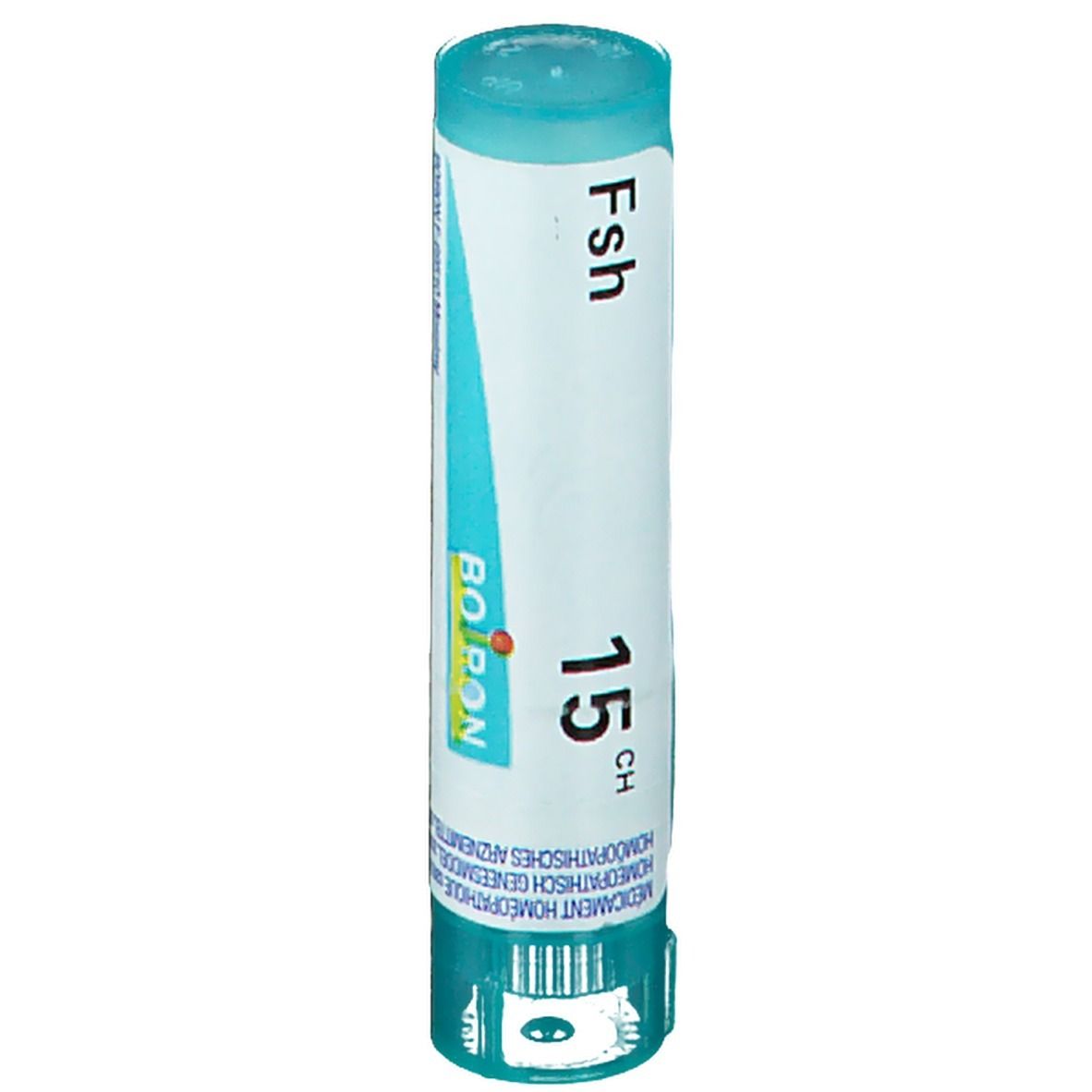 Tube cylindrique avec inscription "Fsh 15 CH" et logo. Bouchon et base turquoise, étiquette blanche.