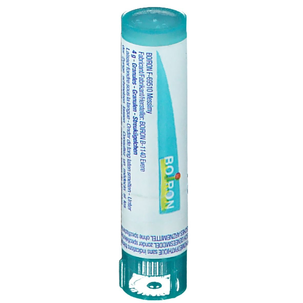 Tube cylindrique avec texte et logo. Bouchon et base turquoise, étiquette blanche avec texte.