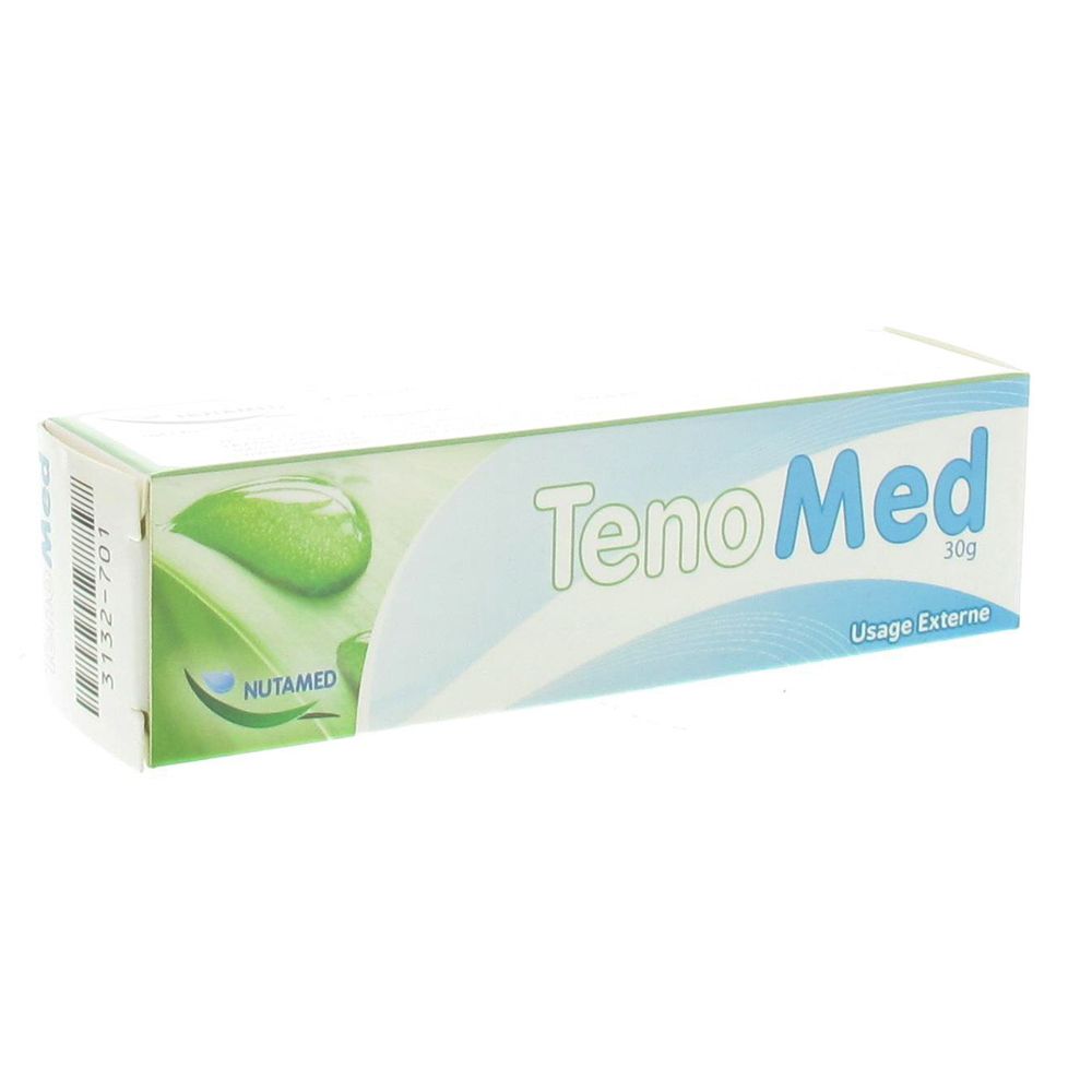 Boîte en carton avec nom TenoMed et logo. 30g. Usage Externe. Ingrédients et instructions.