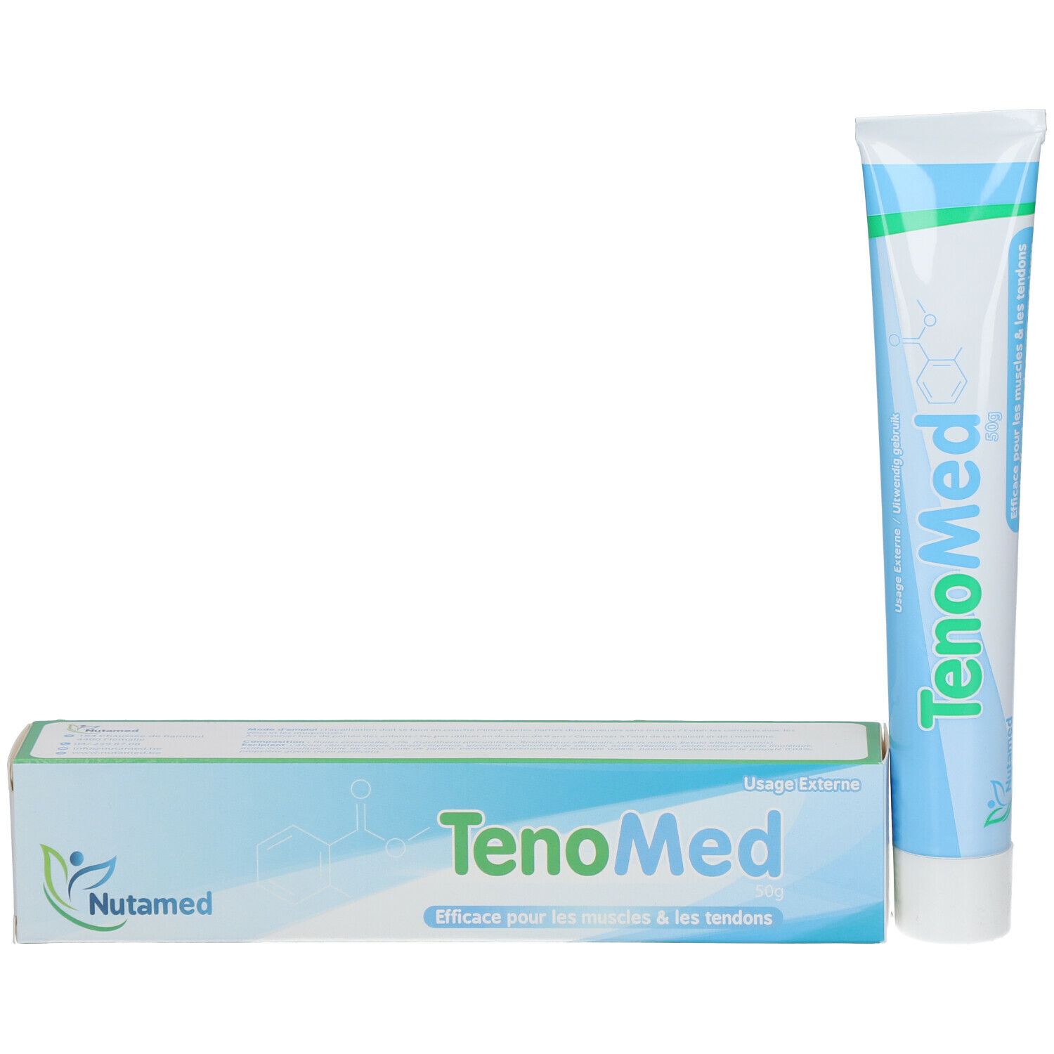 Tube et boîte. Boîte avec inscription TenoMed et logo Nutamed. Texte: Efficace pour les muscles et les tendons.