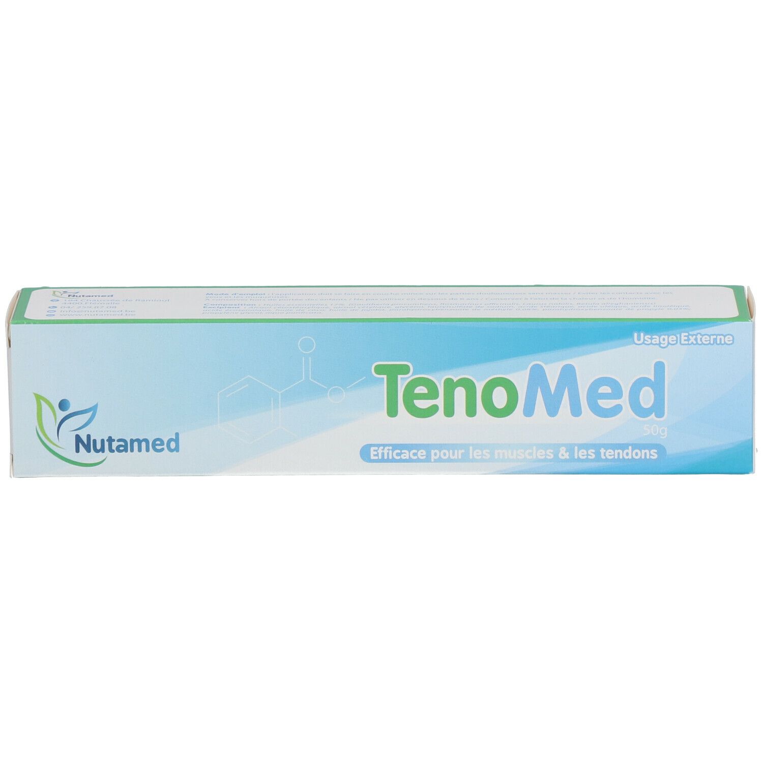 Boîte avec inscription TenoMed et logo Nutamed. Texte: Efficace pour les muscles et les tendons. Usage: Externe.