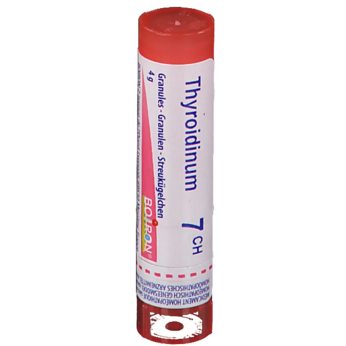 Tube cylindrique rouge. Inscription: Thyroidinum 7 CH, Boiron. Contient des granules.