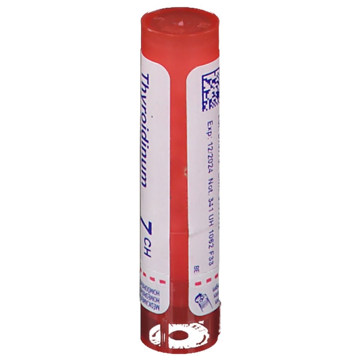 Tube cylindrique rouge. Inscription: Thyroidinum 7 CH. Contient des granules. Avec code QR et date d'expiration.