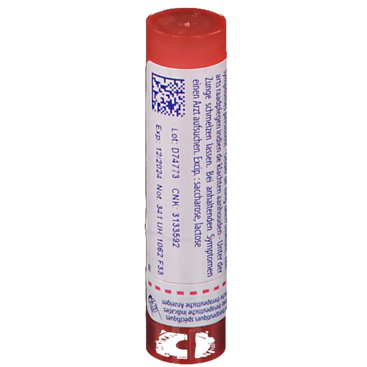 Tube cylindrique rouge. Inscription: Thyroidinum 7 CH. Contient des granules. Avec code QR, ingrédients et date d'expiration.