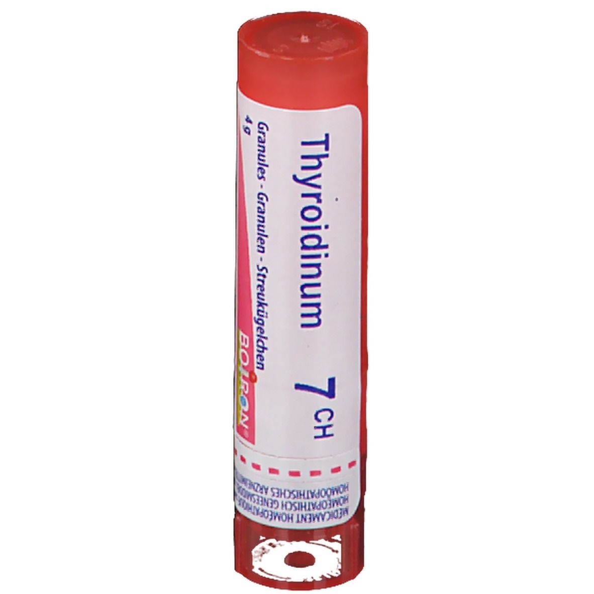 Tube cylindrique rouge. Inscription: Thyroidinum 7 CH, Boiron. Contient des granules.