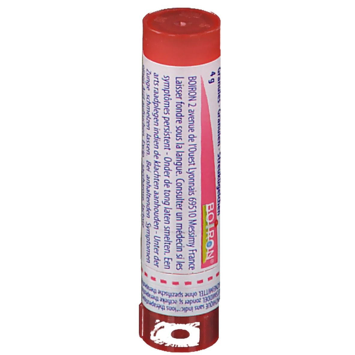 Tube cylindrique rouge. Inscription: Thyroidinum 7 CH, Boiron. Contient des granules. Adresse et mode d'emploi.