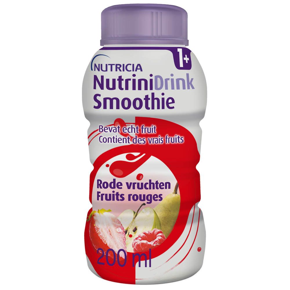 Bouteille Nutrinidrink Smoothie, illustration fruits rouges. Bouchon violet, étiquette blanche.