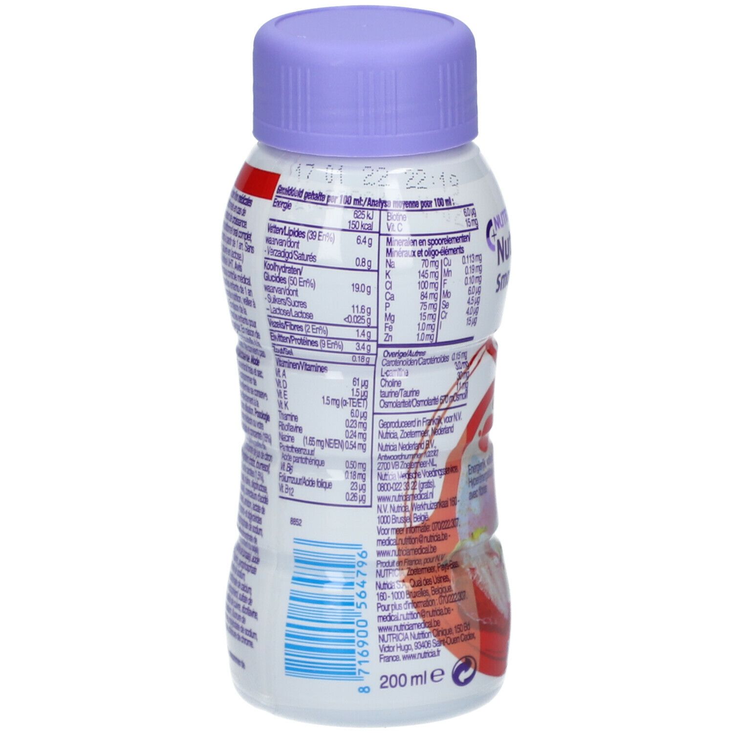 Dos de la bouteille Nutrinidrink Smoothie. Contient informations nutritionnelles et liste des ingrédients.